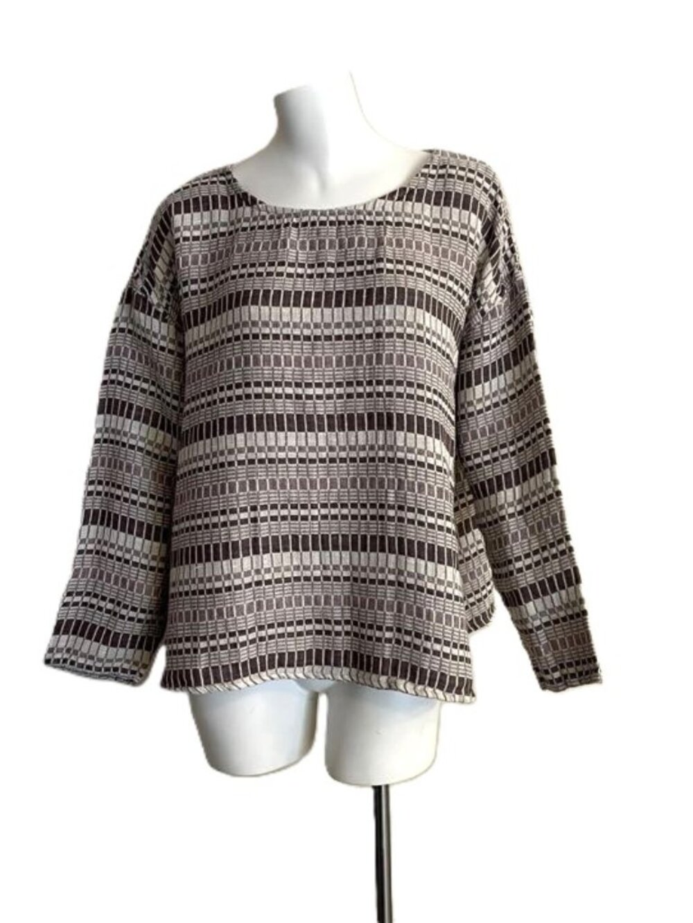 FLAX Top P XS 4-6 Linen Blend Taupe Mosaic Geometric Stripe Boat Neck Lagenlook